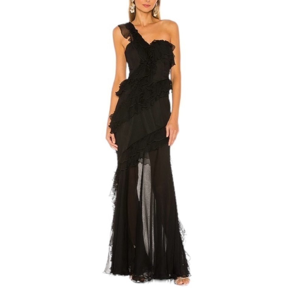 AMUR Harlow Silk One-Shoulder Ruffle Maxi Dress Black Size 0